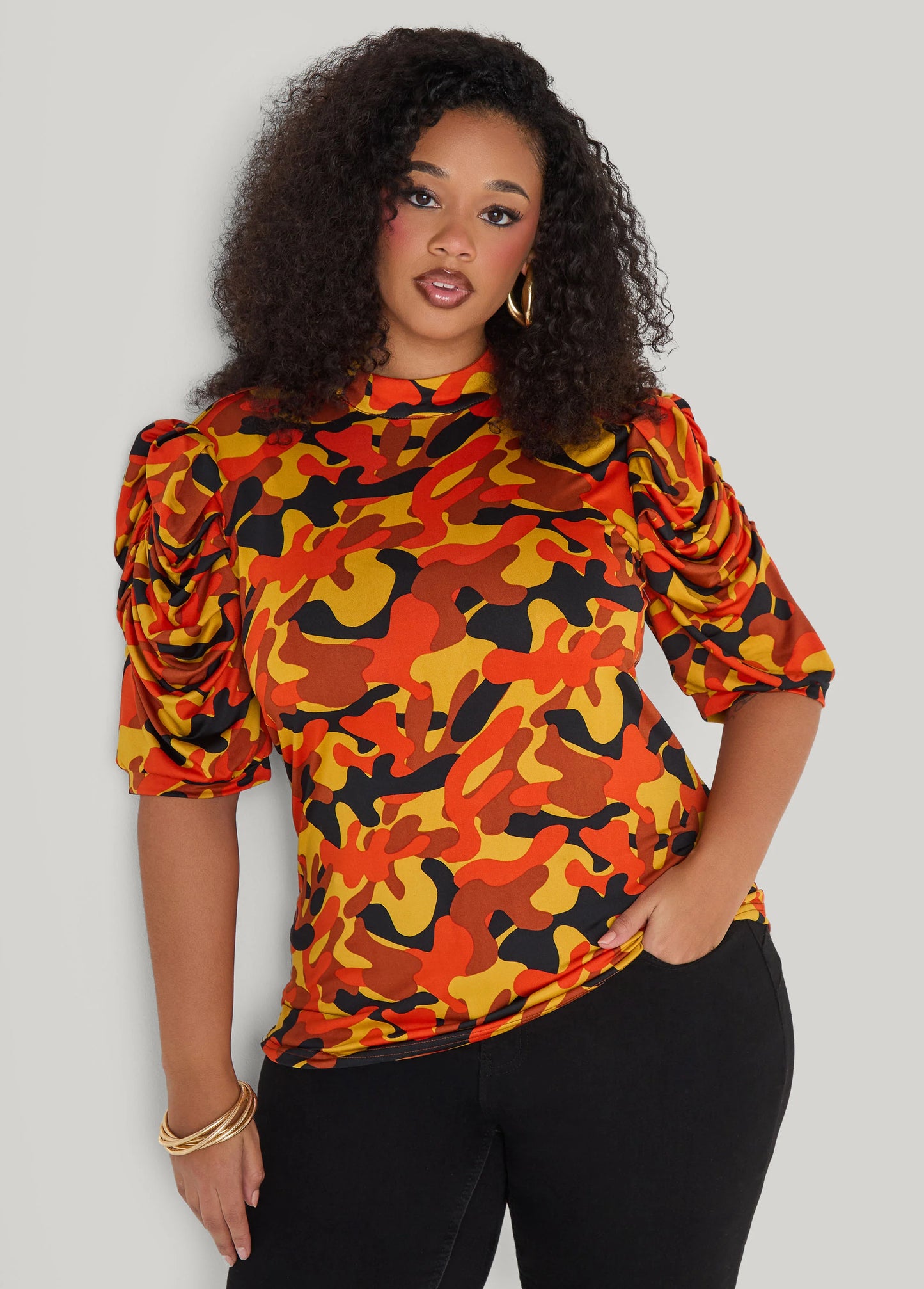 Puff Sleeved Camo Print Top