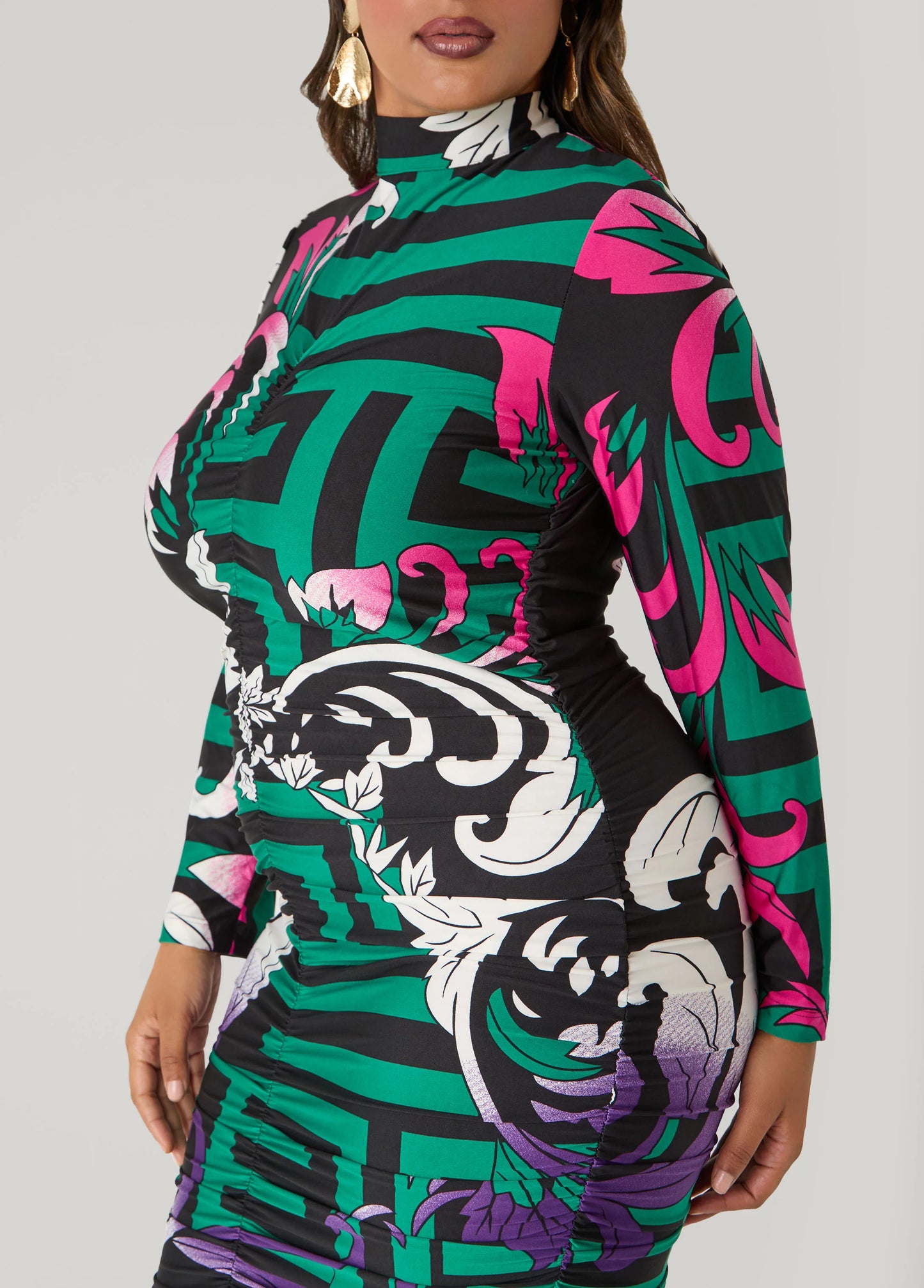 Ruched Printed Bodycon Dress