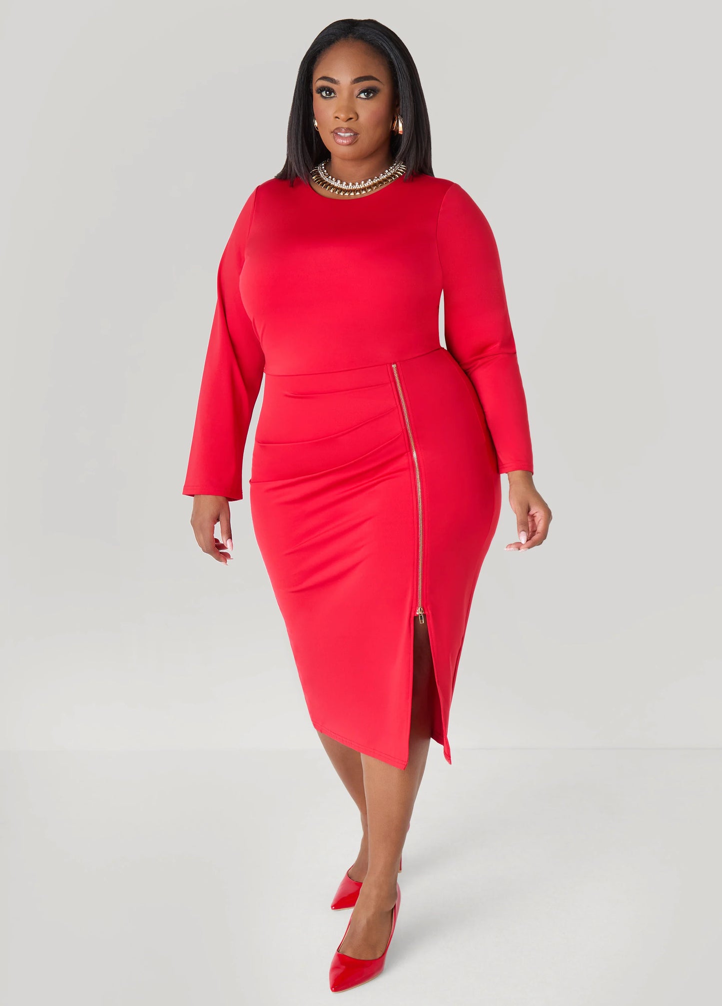 Zip Detailed Midi Bodycon Dress