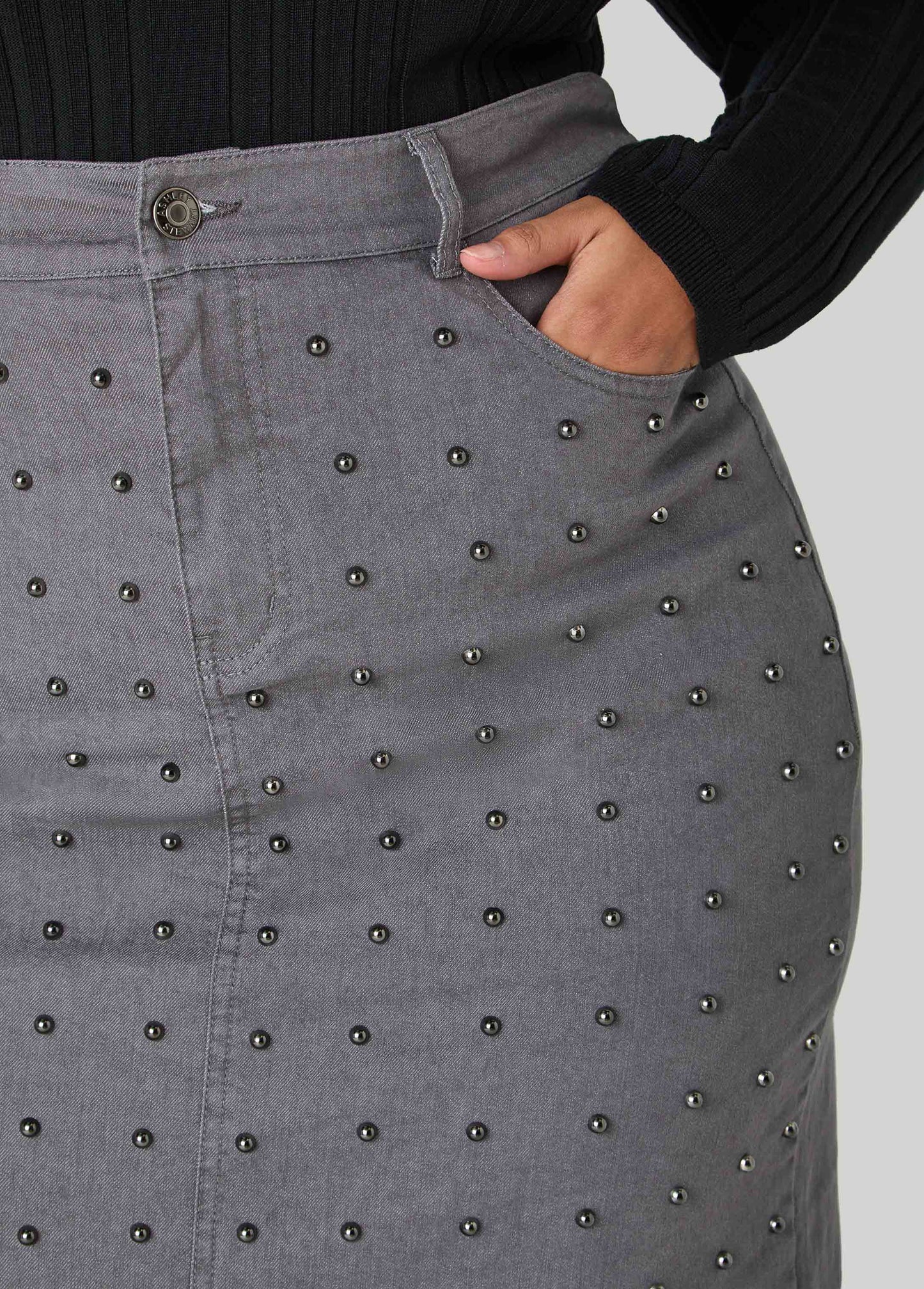Studded Front Split Denim Skirt