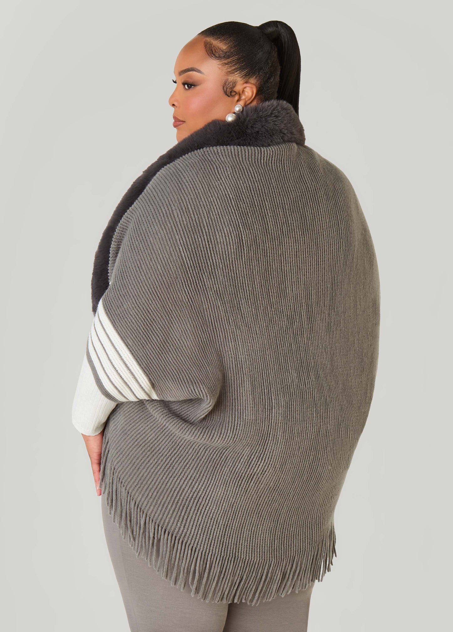 Striped Faux Fur Trimmed Poncho