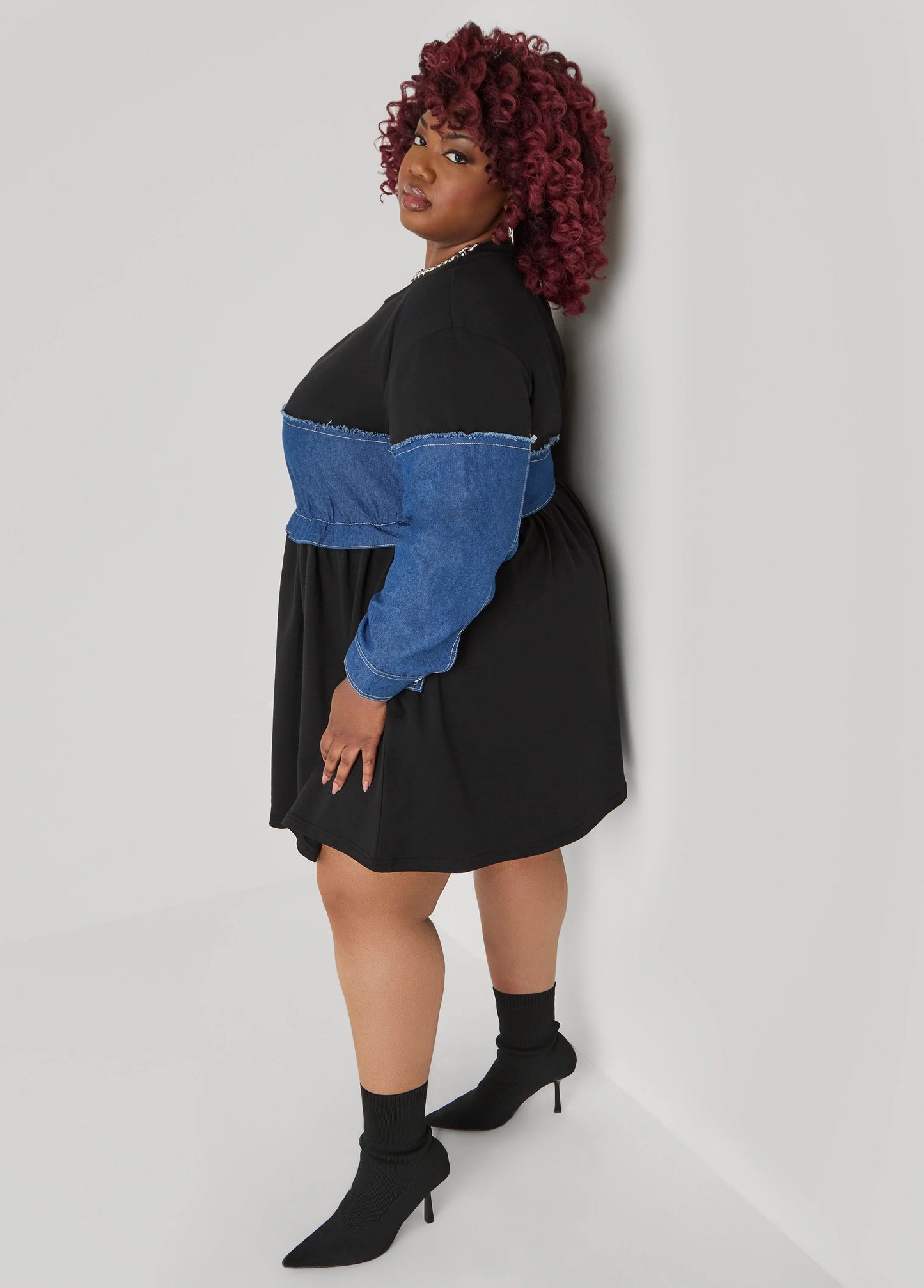Denim Paneled Terry Dress