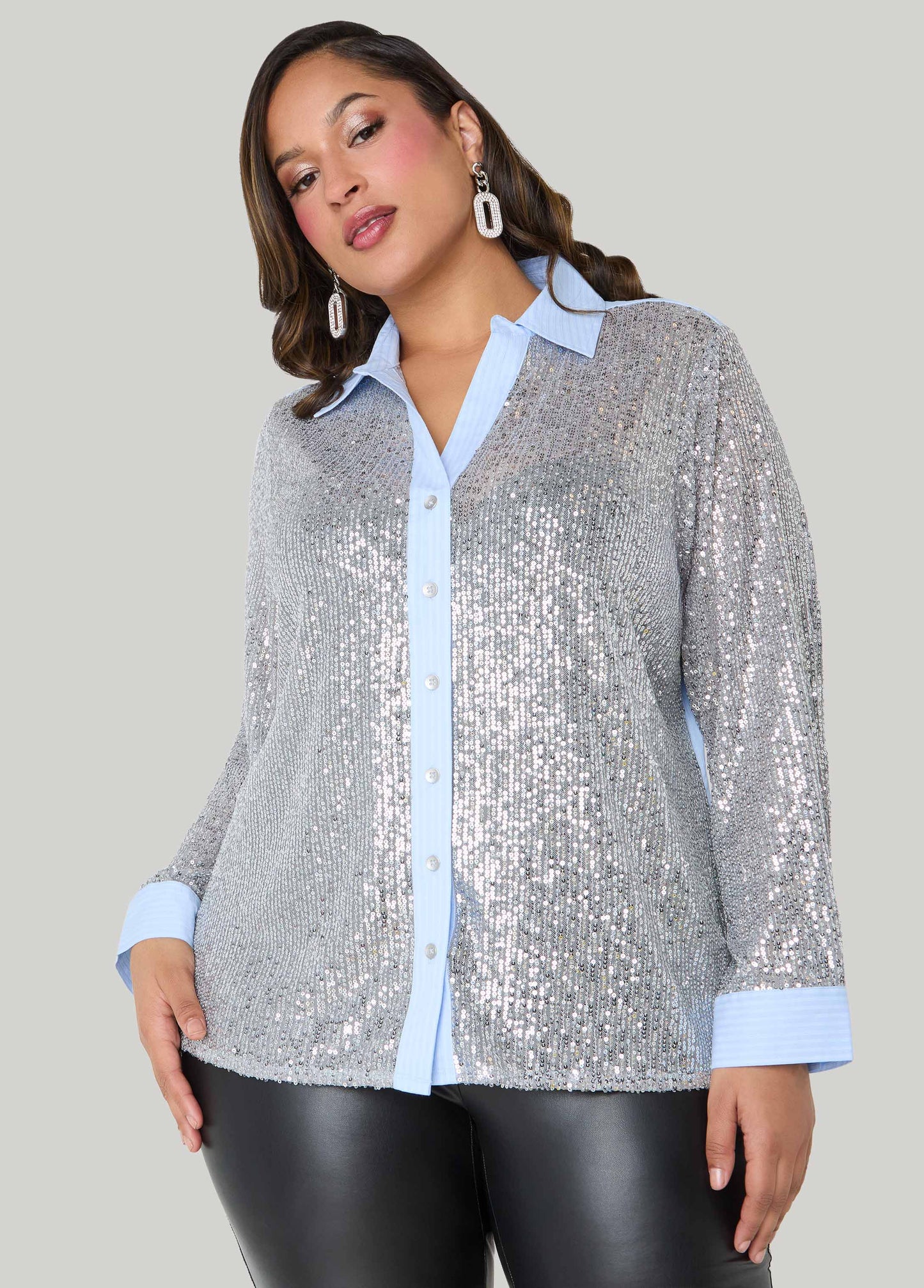 Sequined Paneled Striped Shirt