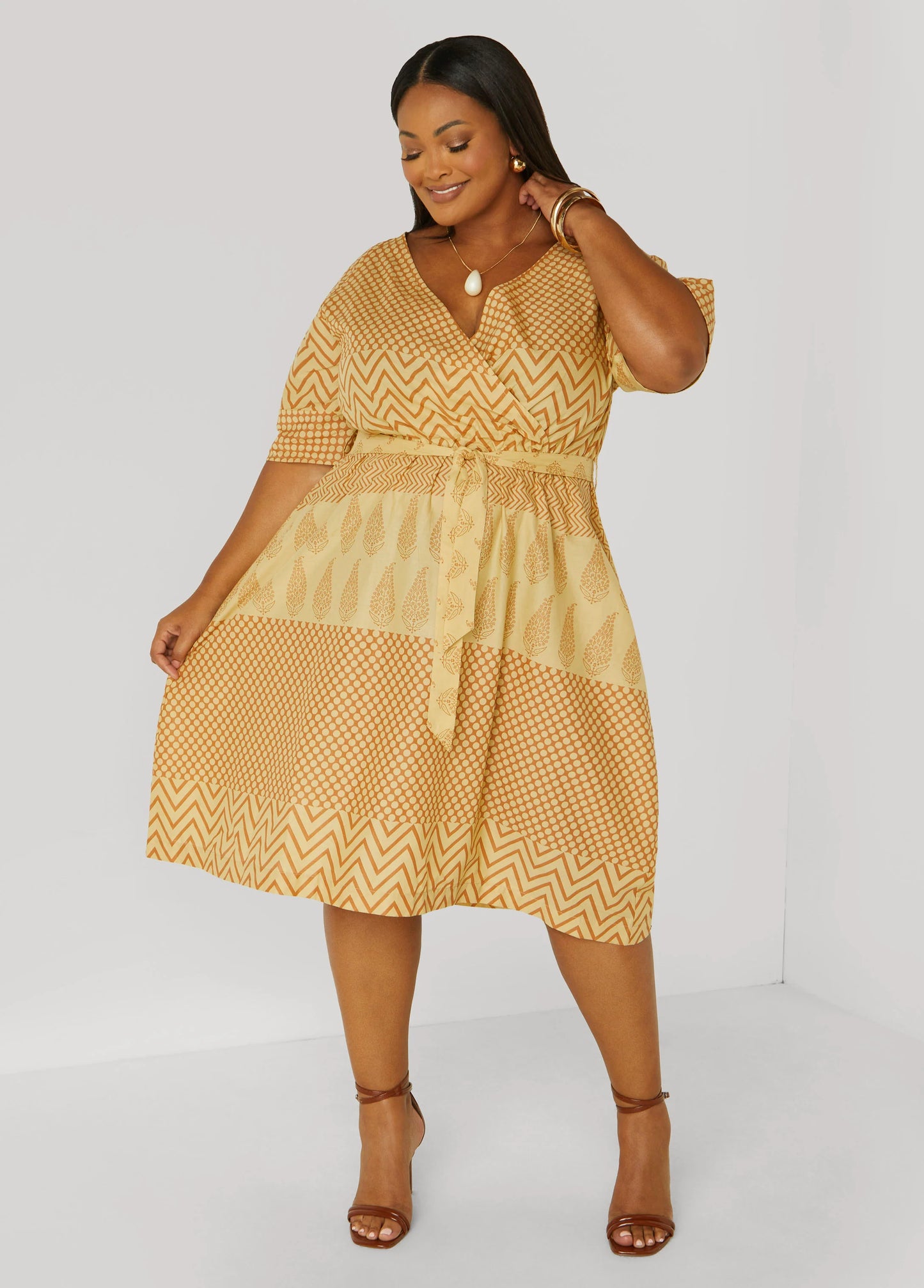 Printed Cotton Faux Wrap Dress