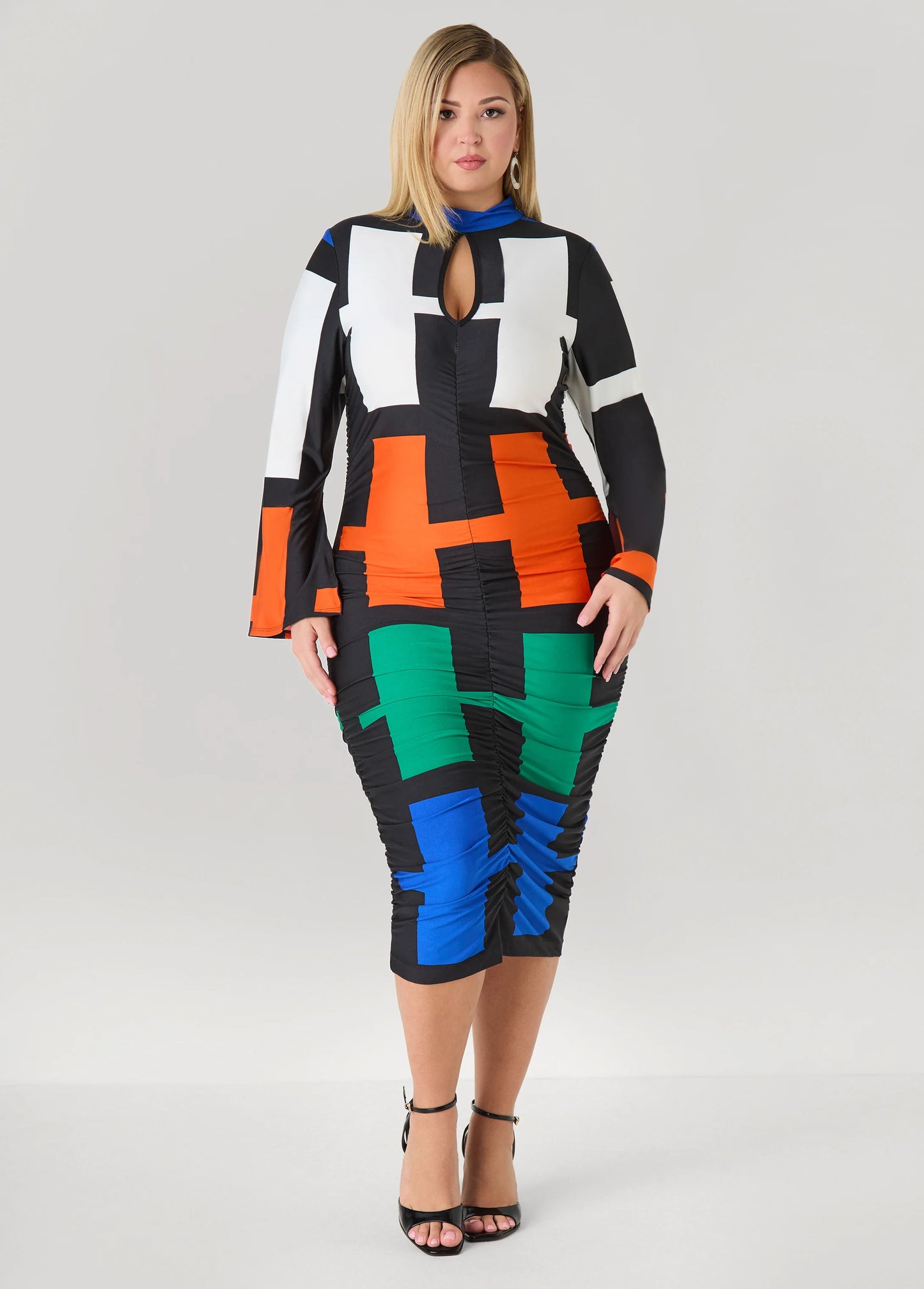 Ruched Geo Print Bodycon Dress