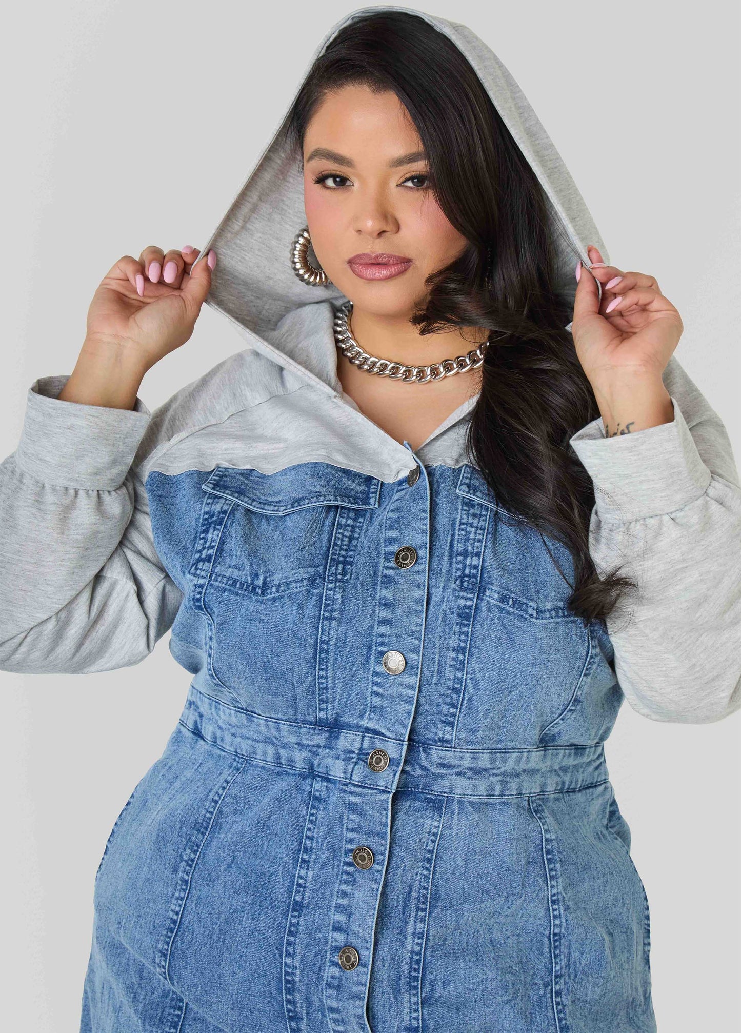 Terry Paneled Denim Bodycon Dress