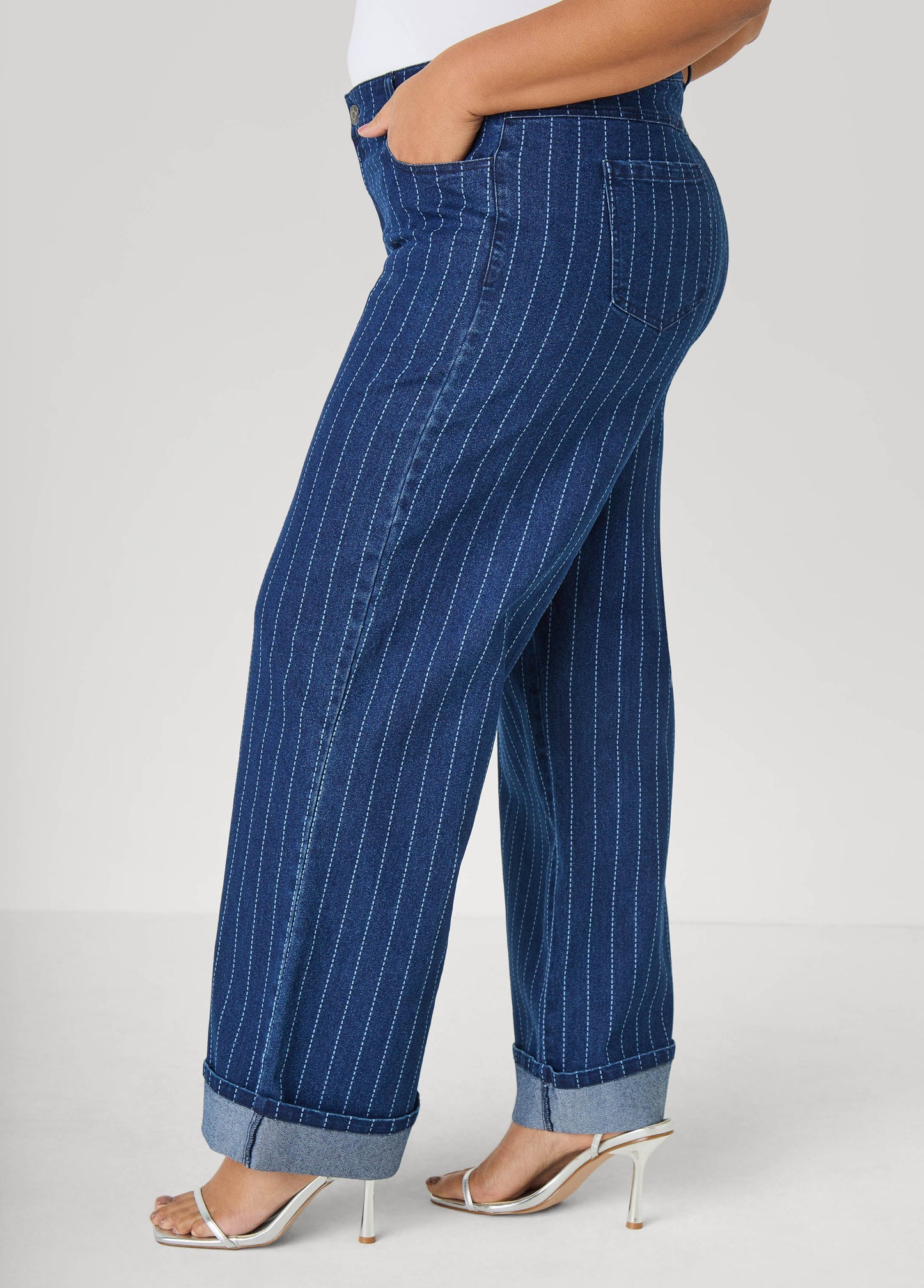 Cuffed Pinstriped Wide Leg Jeans