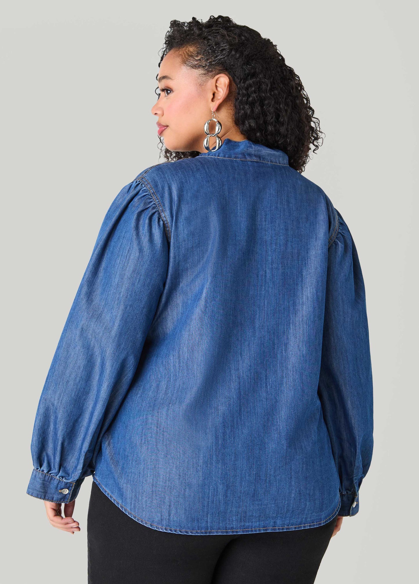 Fringed Tie Neck Denim Blouse