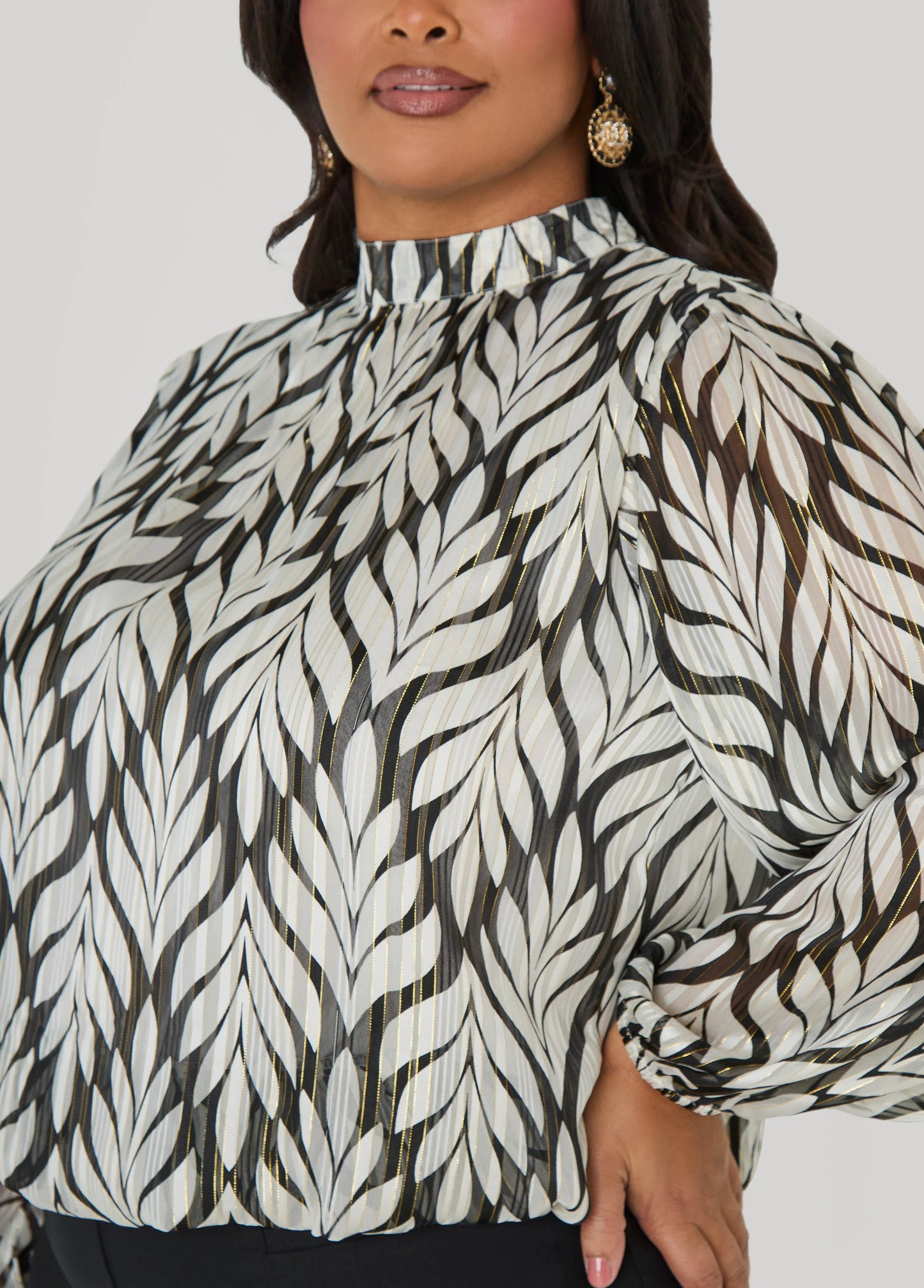 Mock Neck Leaf Print Blouse