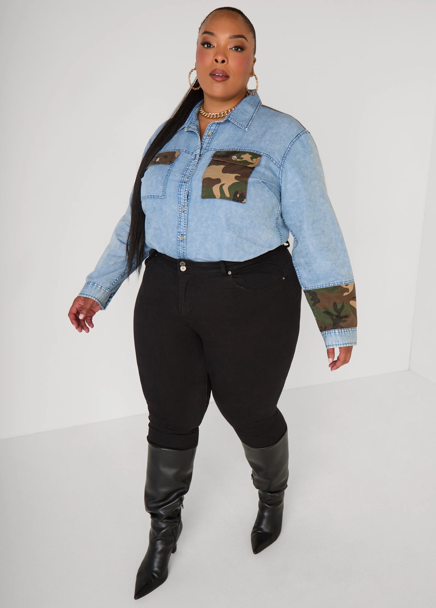 Camo Paneled Denim Shirt