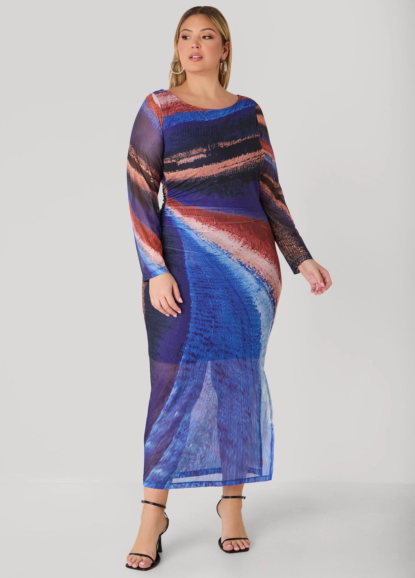 Printed Mesh Bodycon Maxi Dress