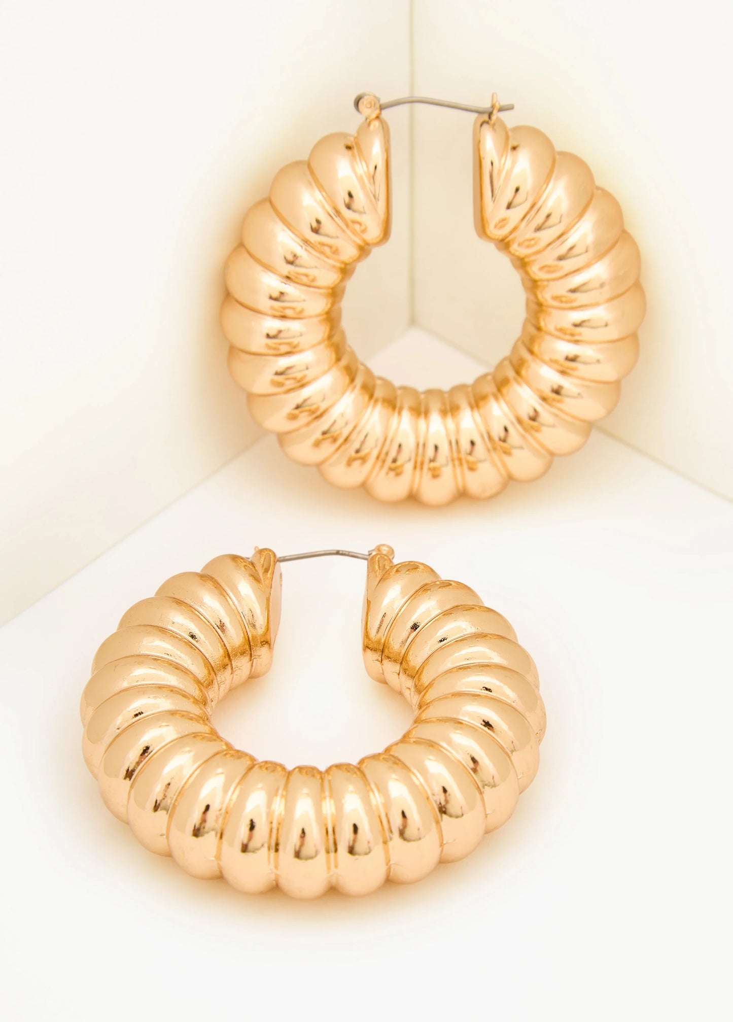 Ribbed Gold Tone Hoop Earrings