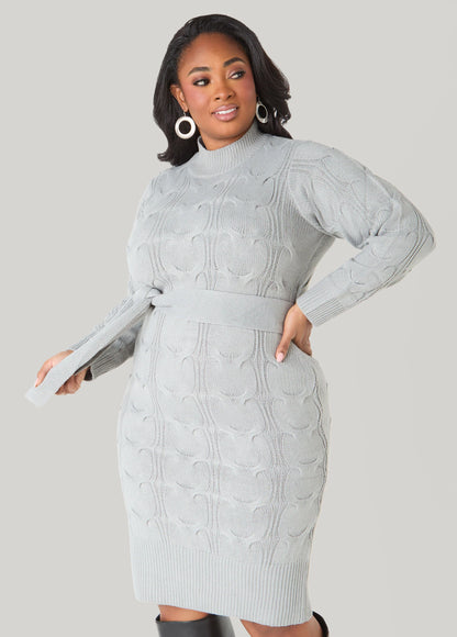 Belted Cable Knit Sweater Dress