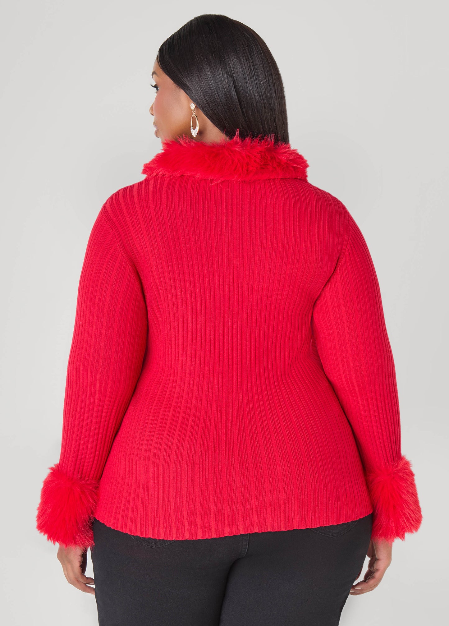 Faux Fur Trimmed Ribbed Cardigan