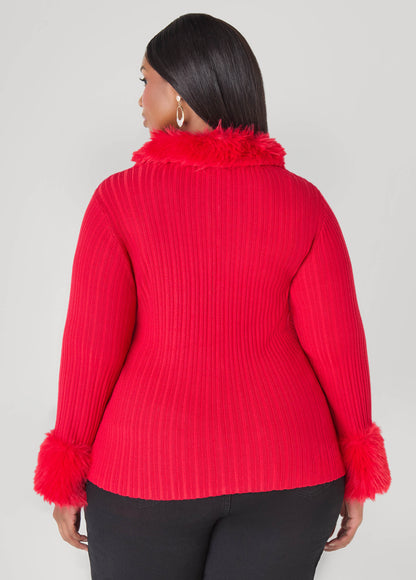 Faux Fur Trimmed Ribbed Cardigan