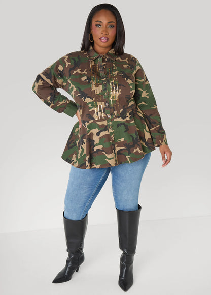 Sequined Camo Print Peplum Shirt