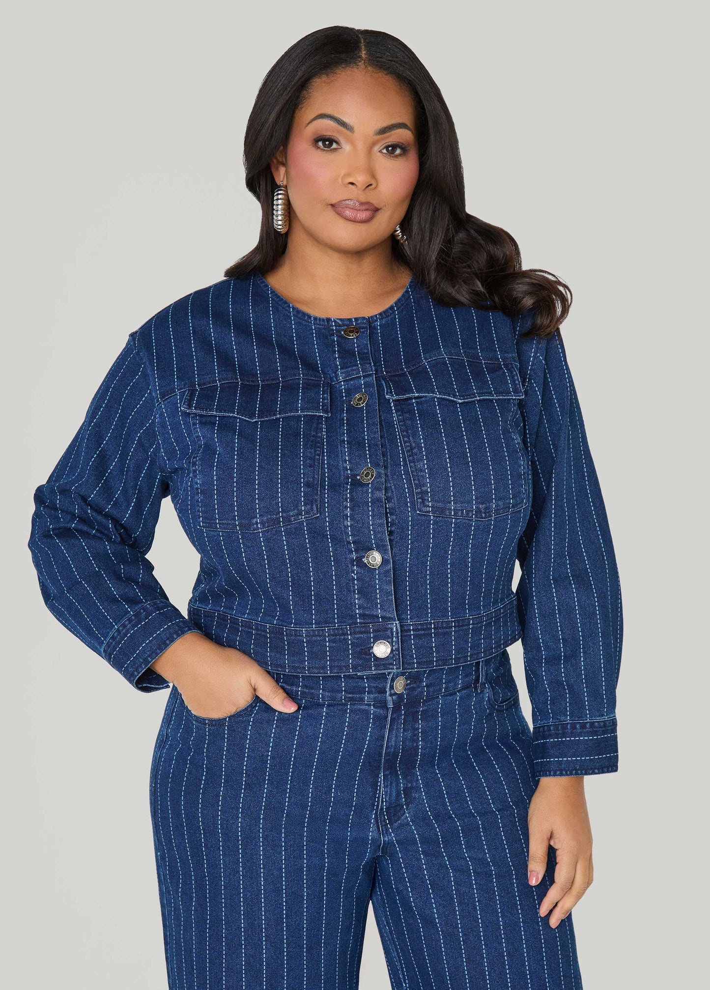 Pinstriped Denim Crop Jacket