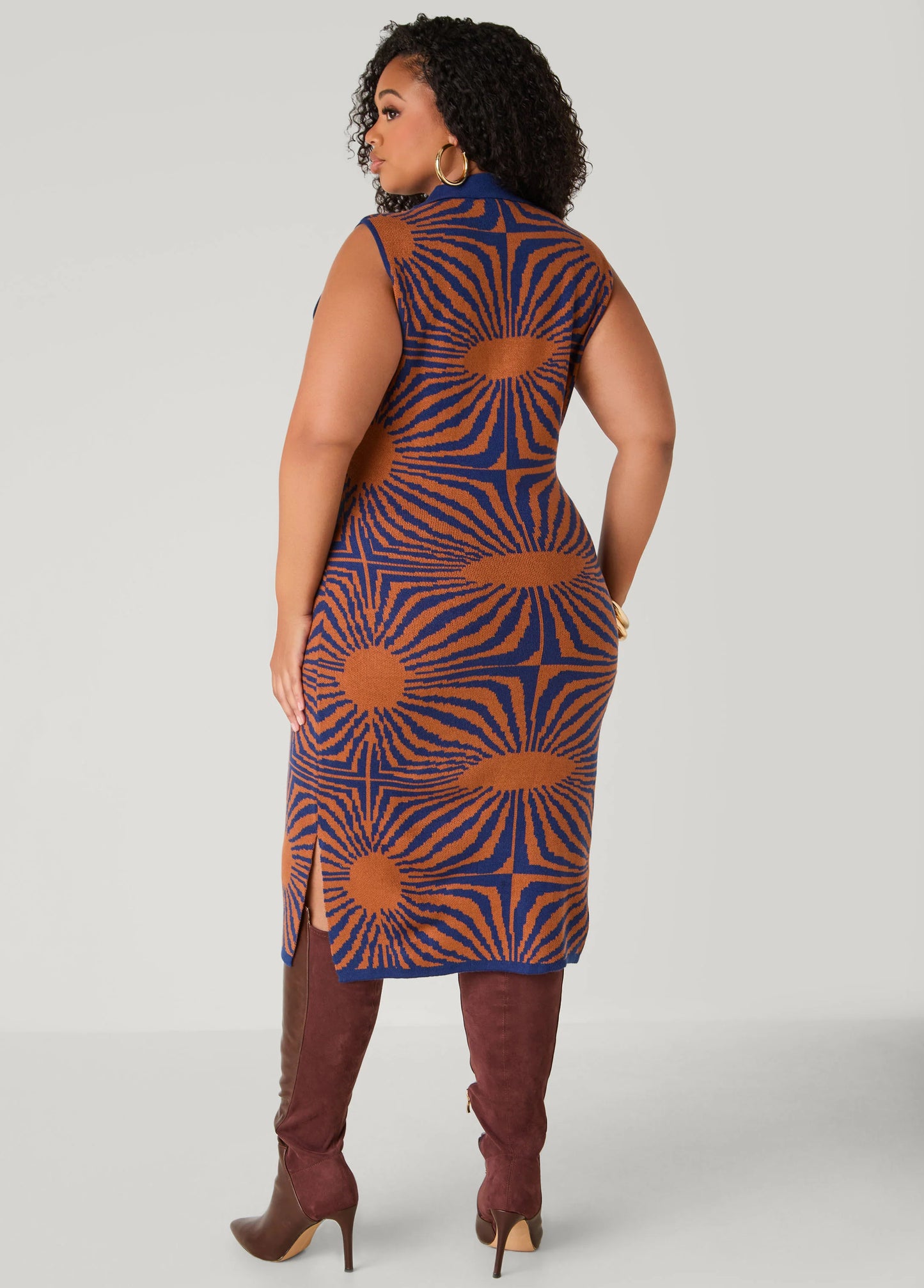 V Neck Intarsia Sweater Dress