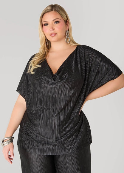 Cowl Neck Plisse Satin Blouse