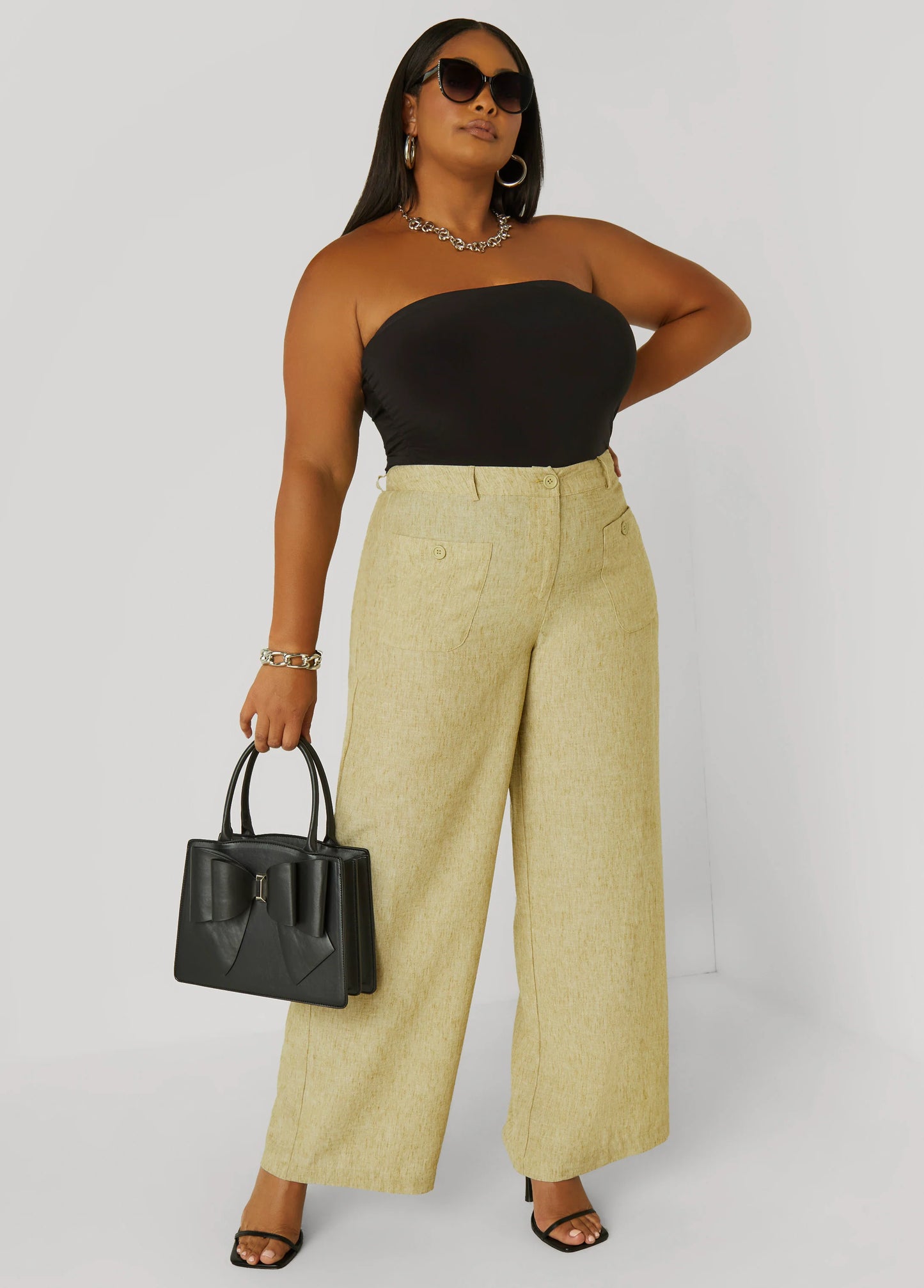 Patch Pocket Slub Wide Leg Pants