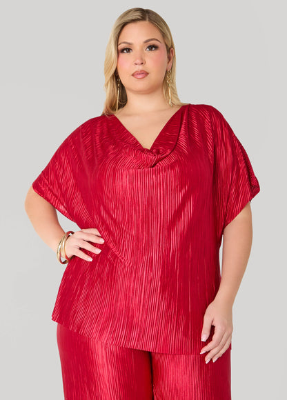 Cowl Neck Plisse Satin Blouse