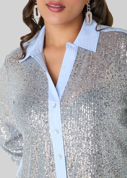 Sequined Paneled Striped Shirt