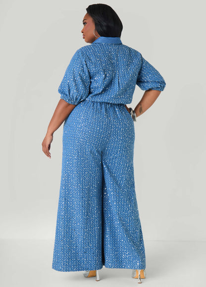 Sequined Denim Wide Leg Jumpsuit