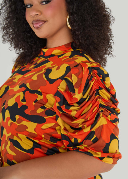 Puff Sleeved Camo Print Top