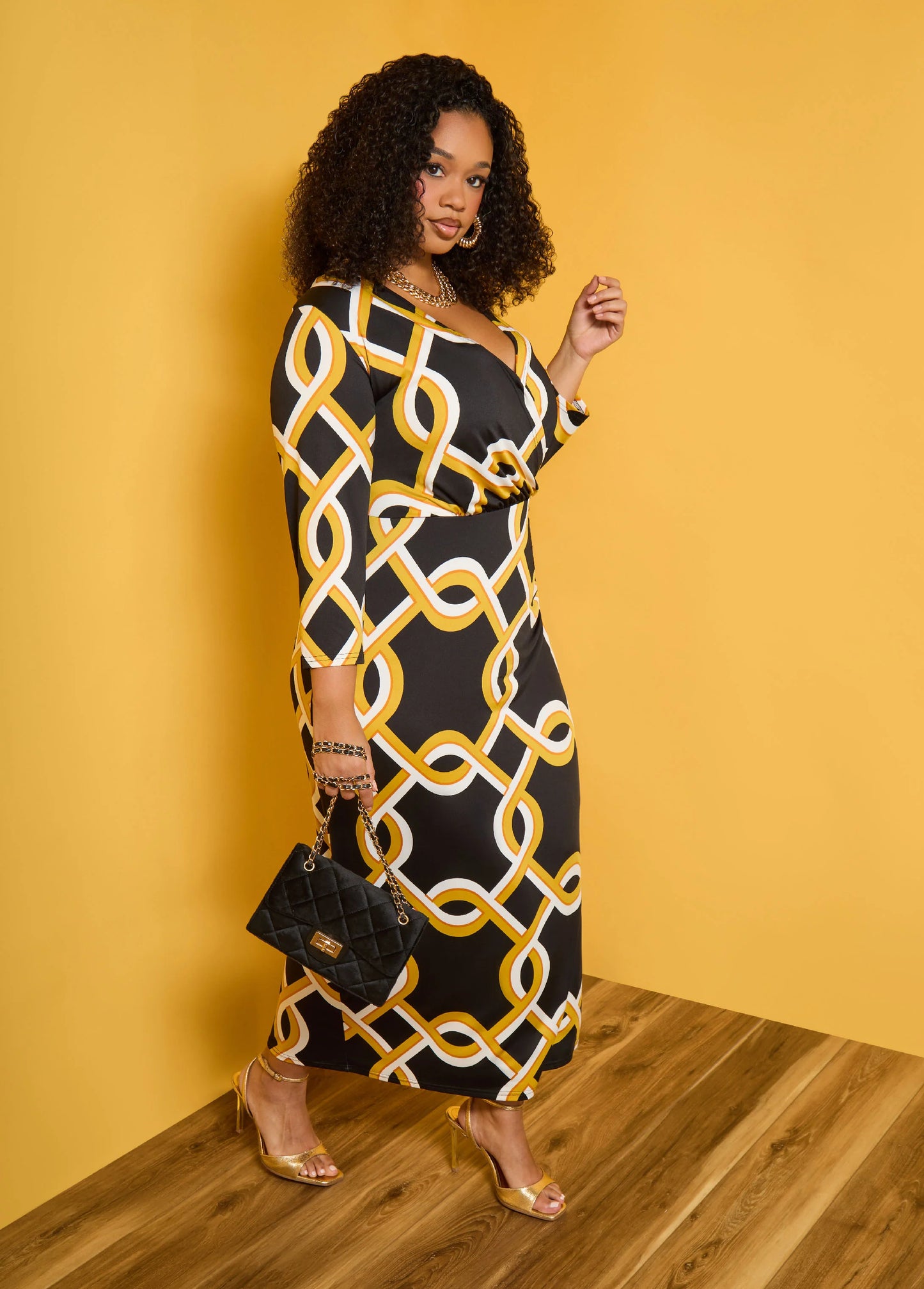 Chain Link Print Faux Wrap Dress