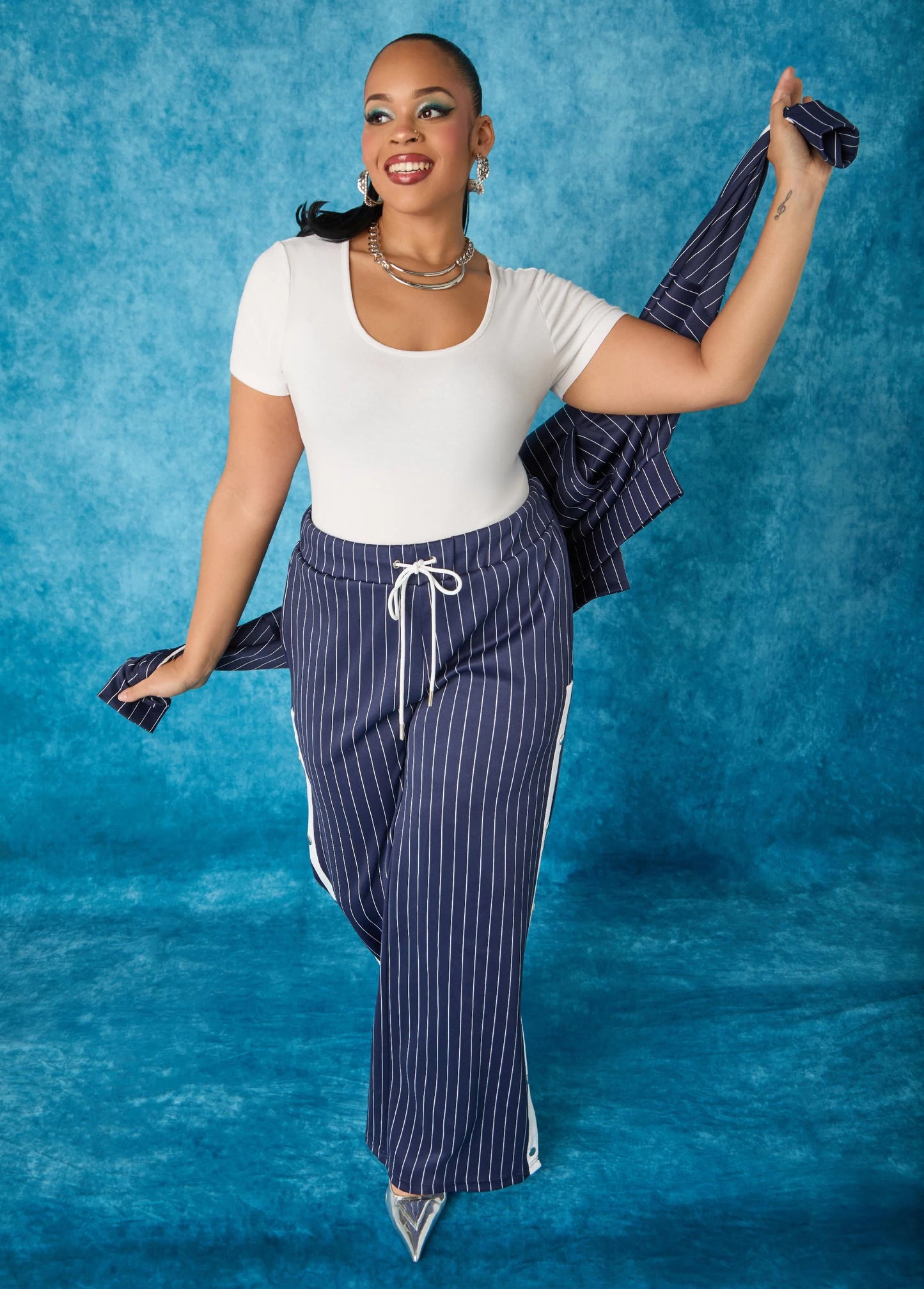 Snap Detailed Pinstriped Pants