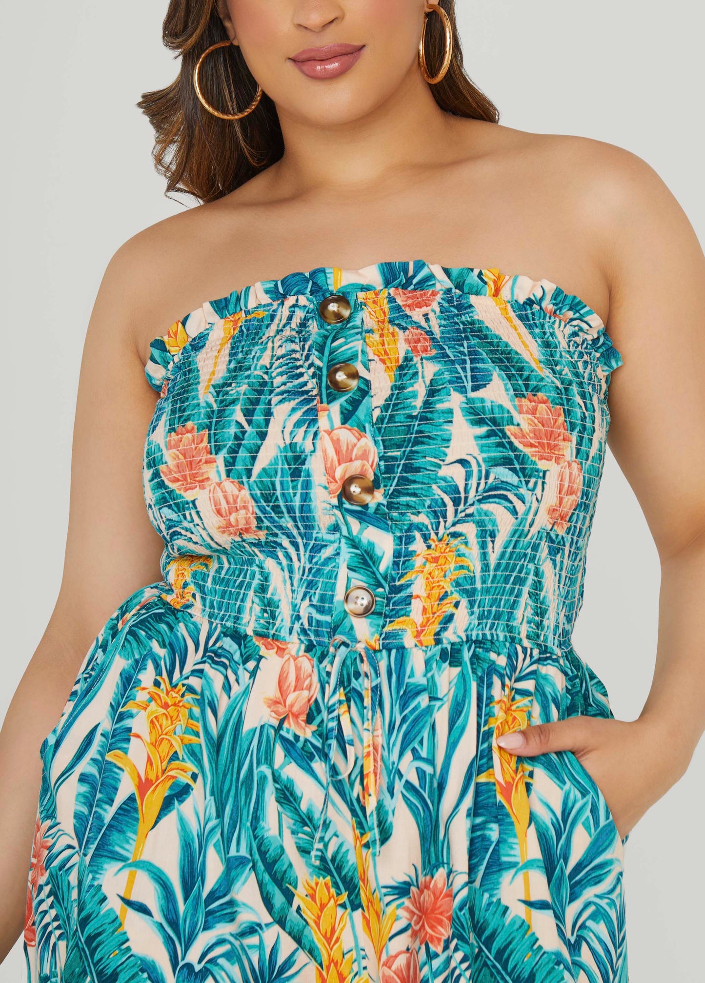 Strapless Tropical Print Romper