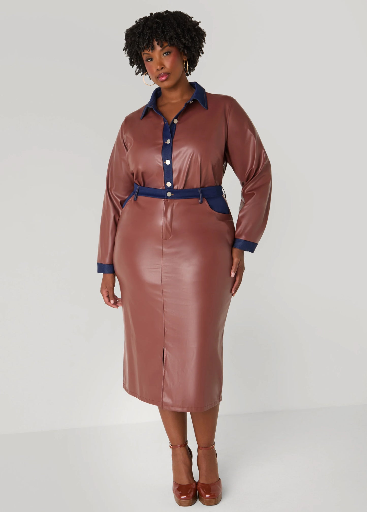 Denim Trimmed Faux Leather Skirt