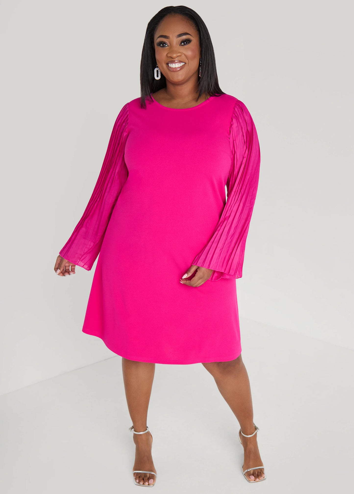 Pleated Sleeved A Line Dress