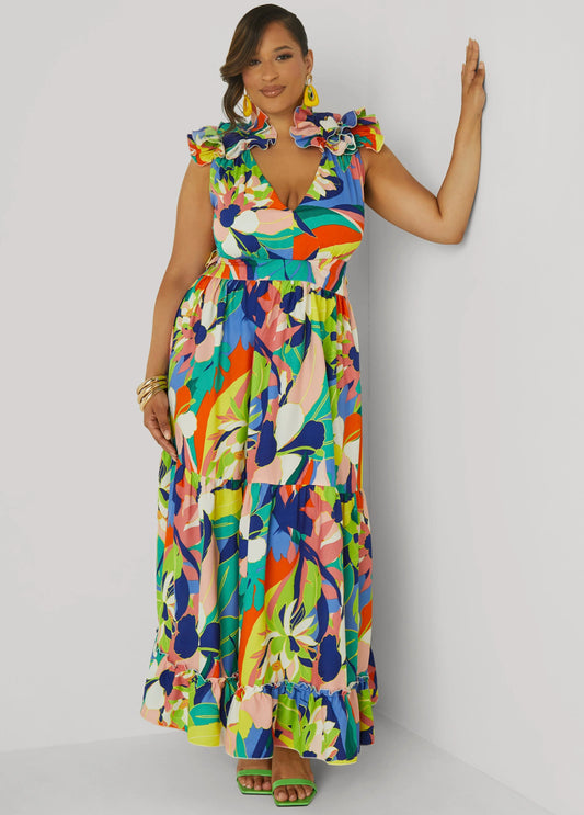 Lace Up Floral Print Maxi Dress
