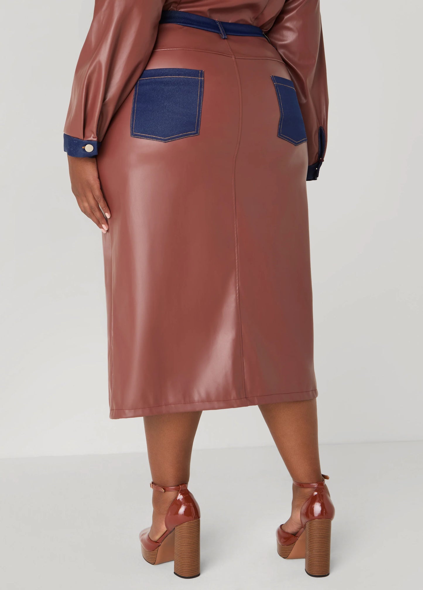 Denim Trimmed Faux Leather Skirt