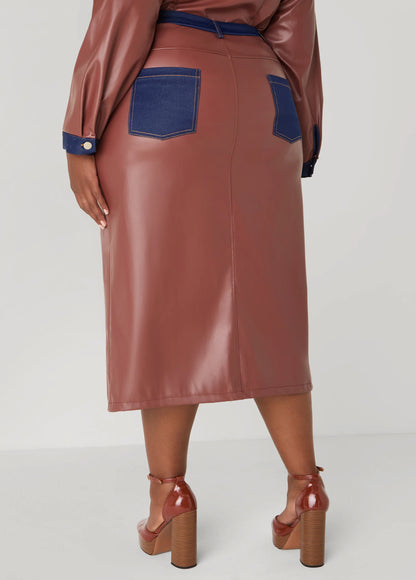 Denim Trimmed Faux Leather Skirt