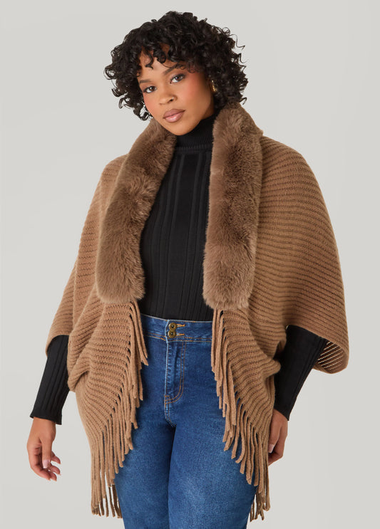 Faux Fur Trimmed Ribbed Ruana