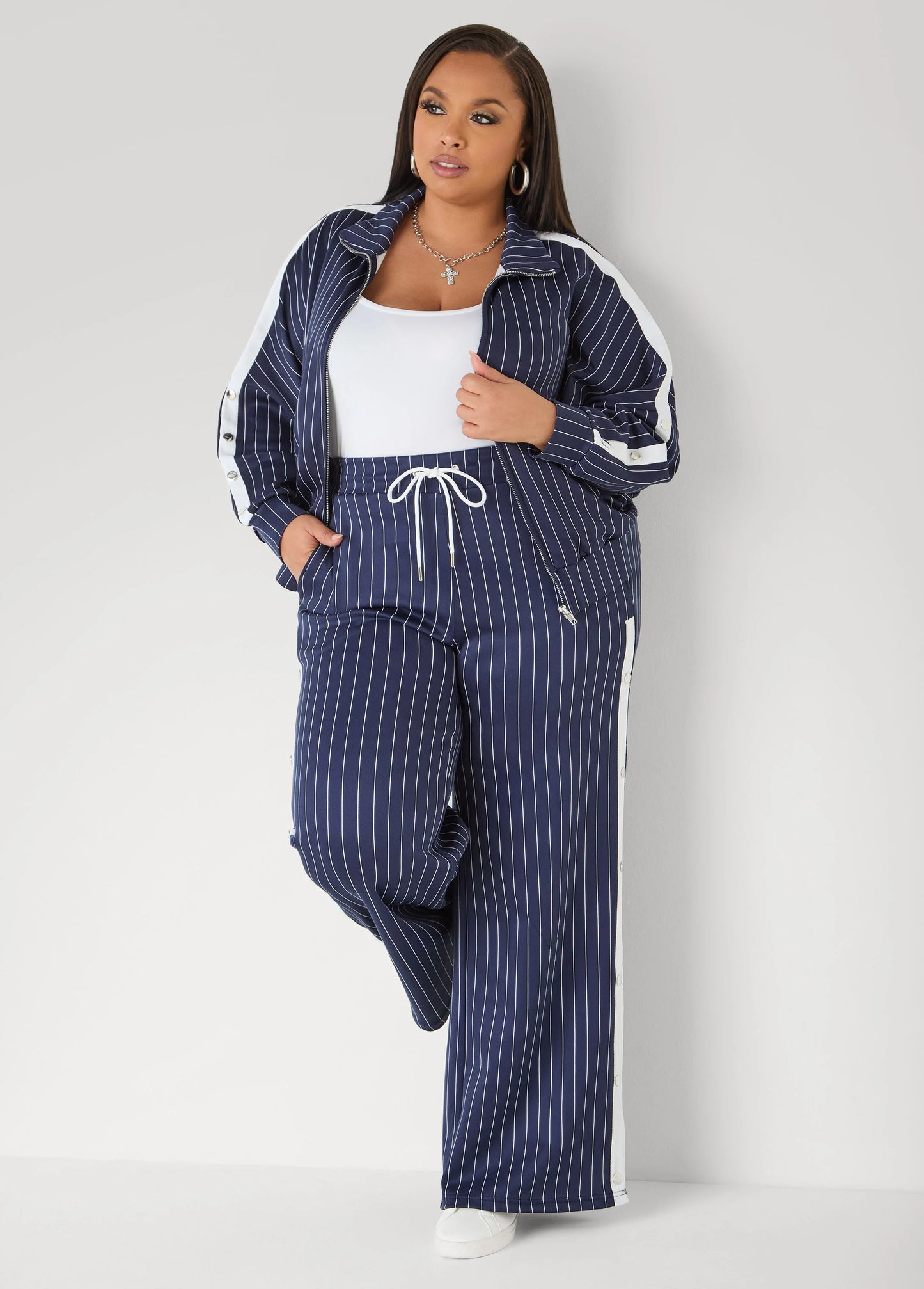 Snap Detailed Pinstriped Pants