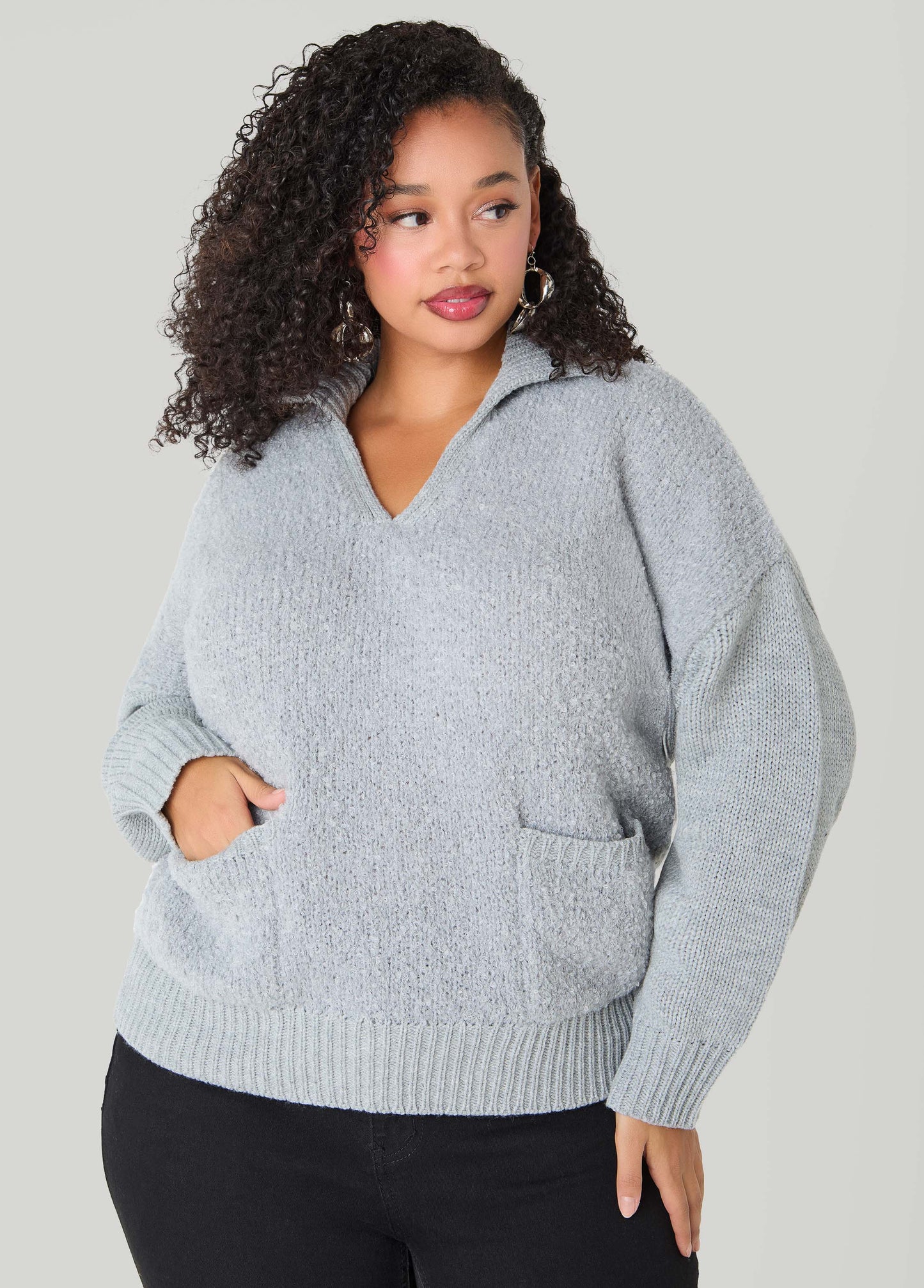 V Neck Boucle Knit Pullover