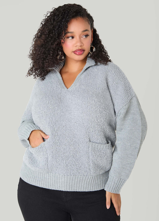 V Neck Boucle Knit Pullover