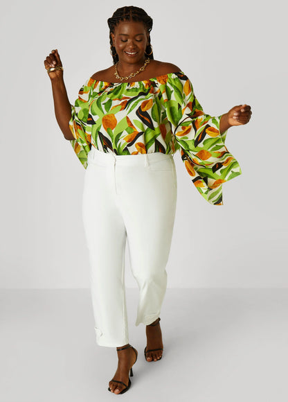 Off The Shoulder Leaf Print Blouse