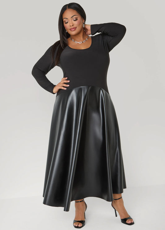 Faux Leather Paneled A Line Dress