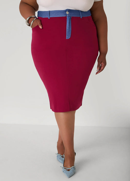 Denim Paneled Midi Skirt