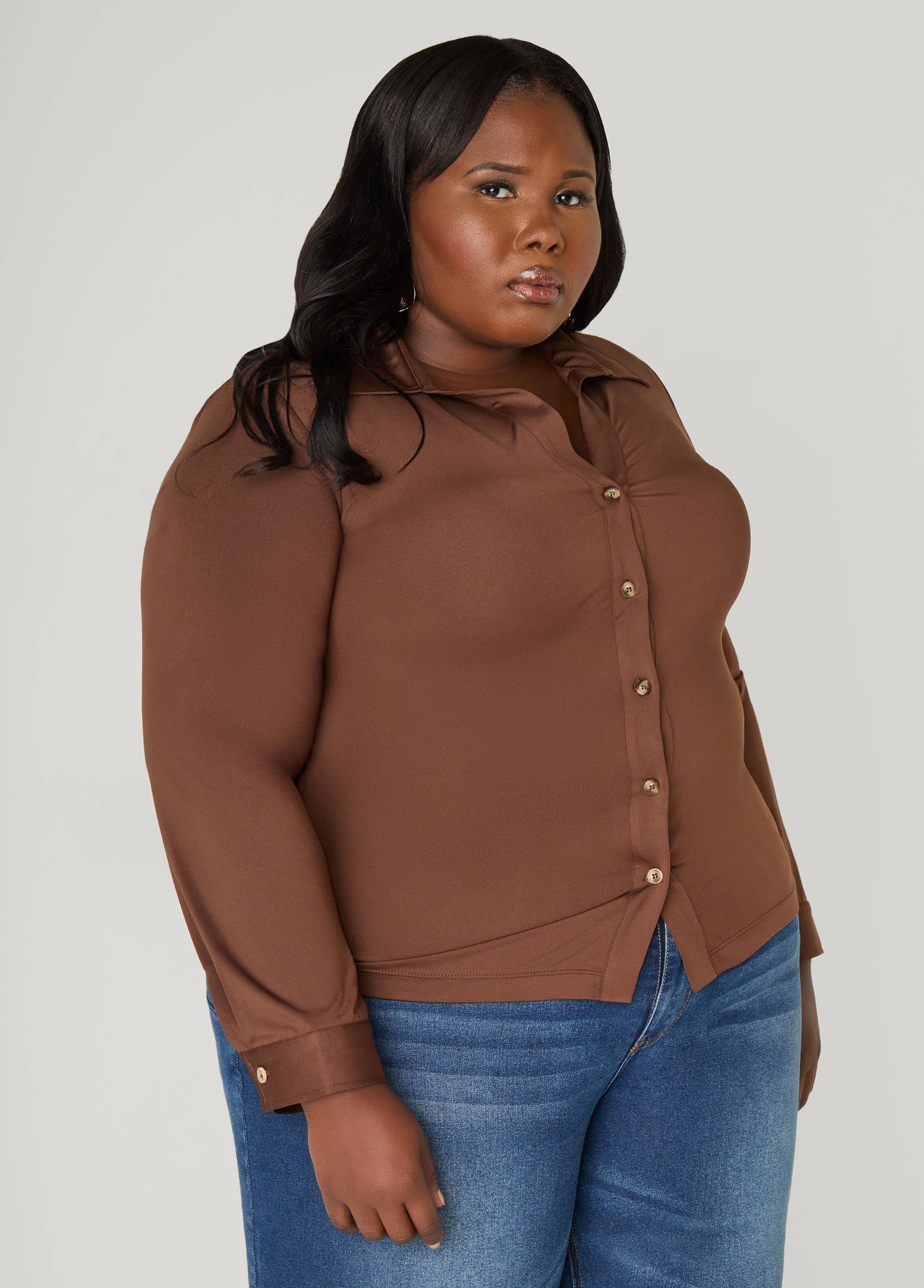 Gathered Button Front Knit Shirt