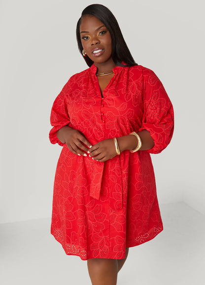 Eyelet Cotton Puff Sleeved Dress