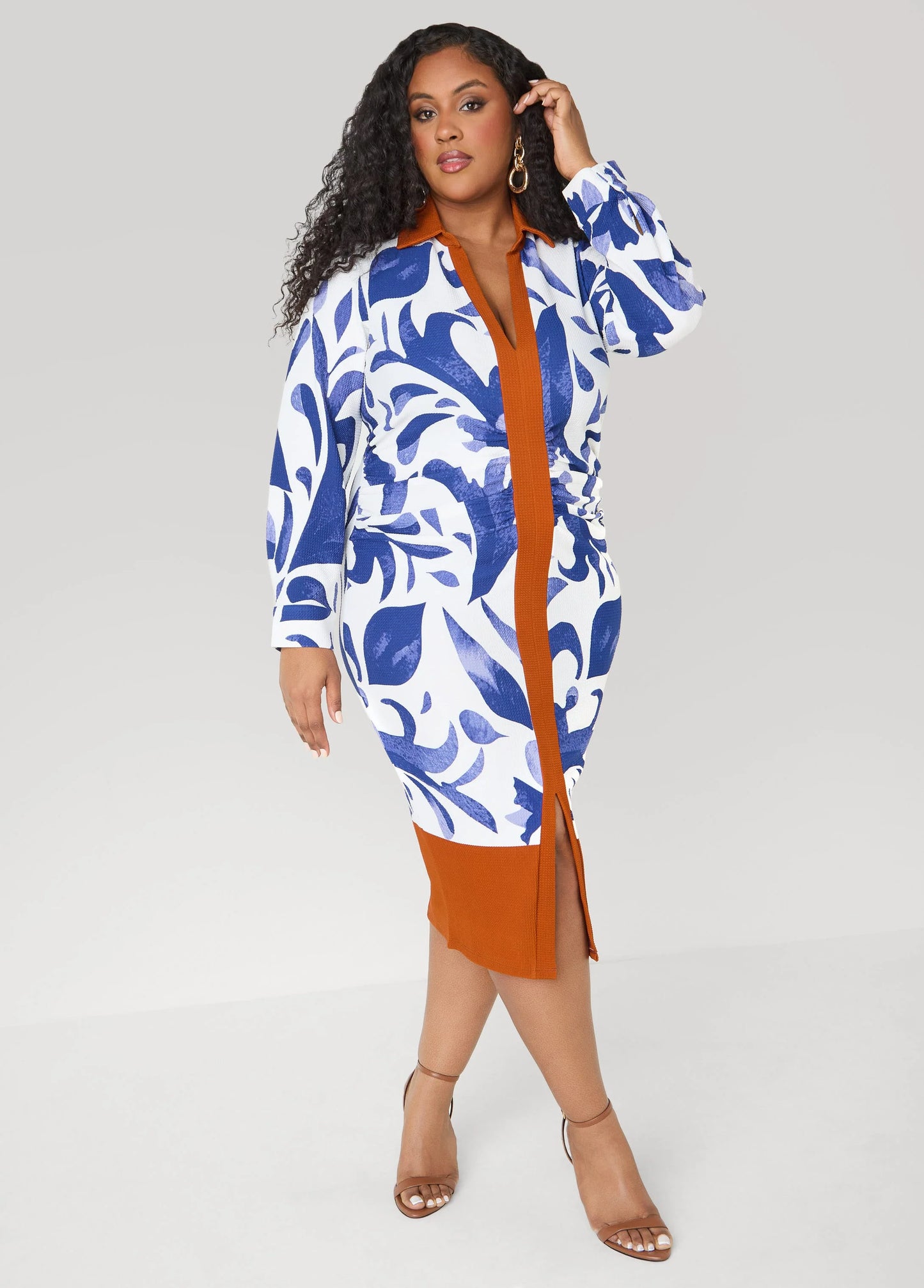 Ruched Leaf Print Bodycon Dress