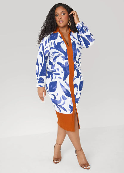 Ruched Leaf Print Bodycon Dress
