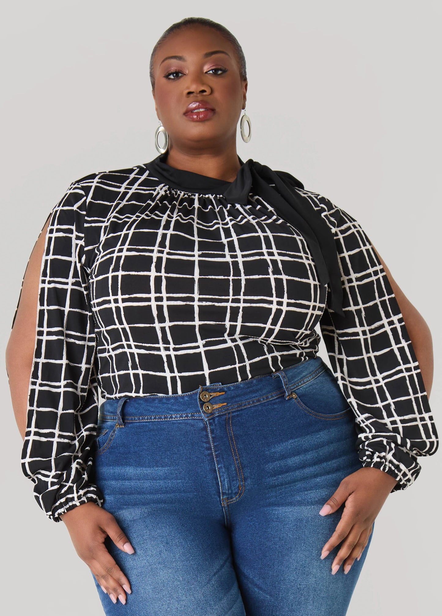 Windowpane Split Sleeved Top