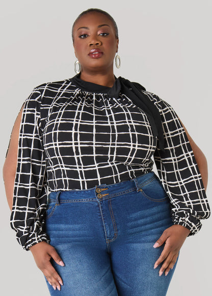 Windowpane Split Sleeved Top