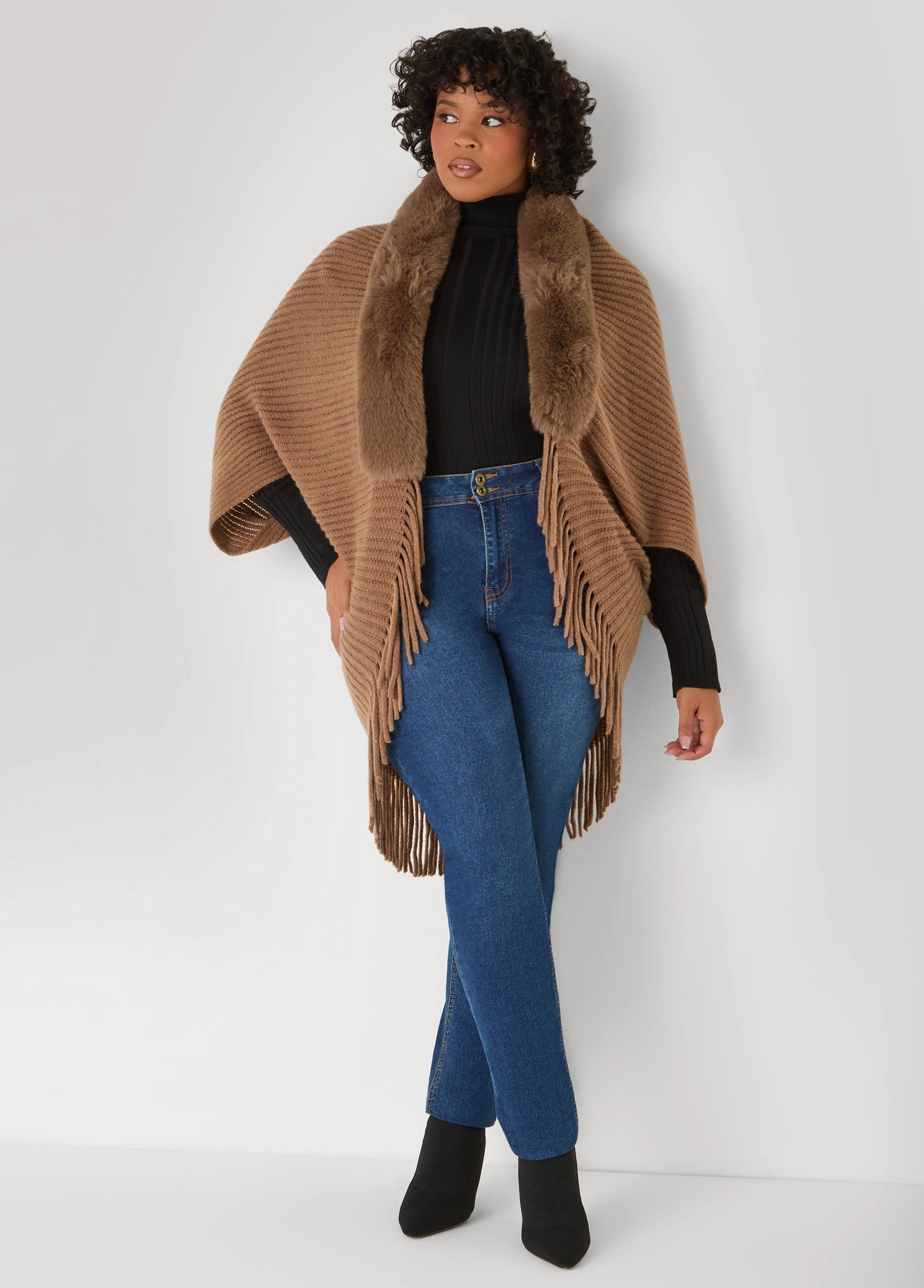 Faux Fur Trimmed Ribbed Ruana